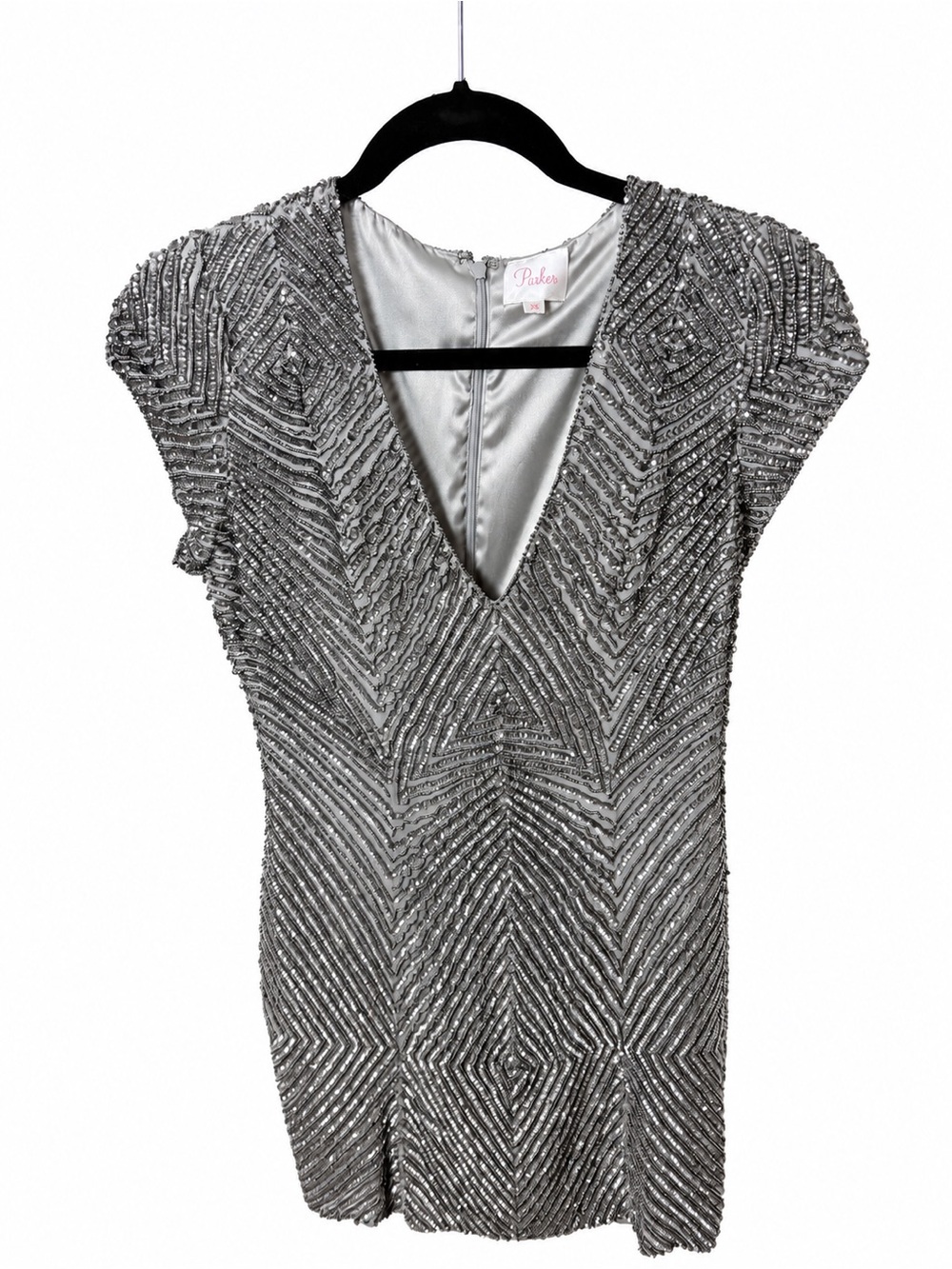 Parker Silver Beaded Chevron Deep V Cap Sleeve Cocktail Mini Dress XS